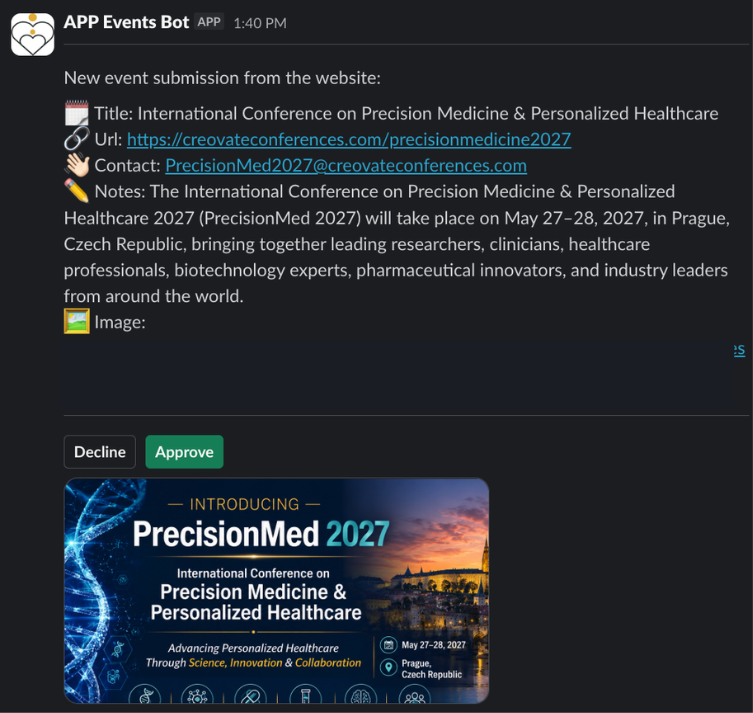 A fake conference submission in APP's Slack approval queue, with Decline and Approve buttons