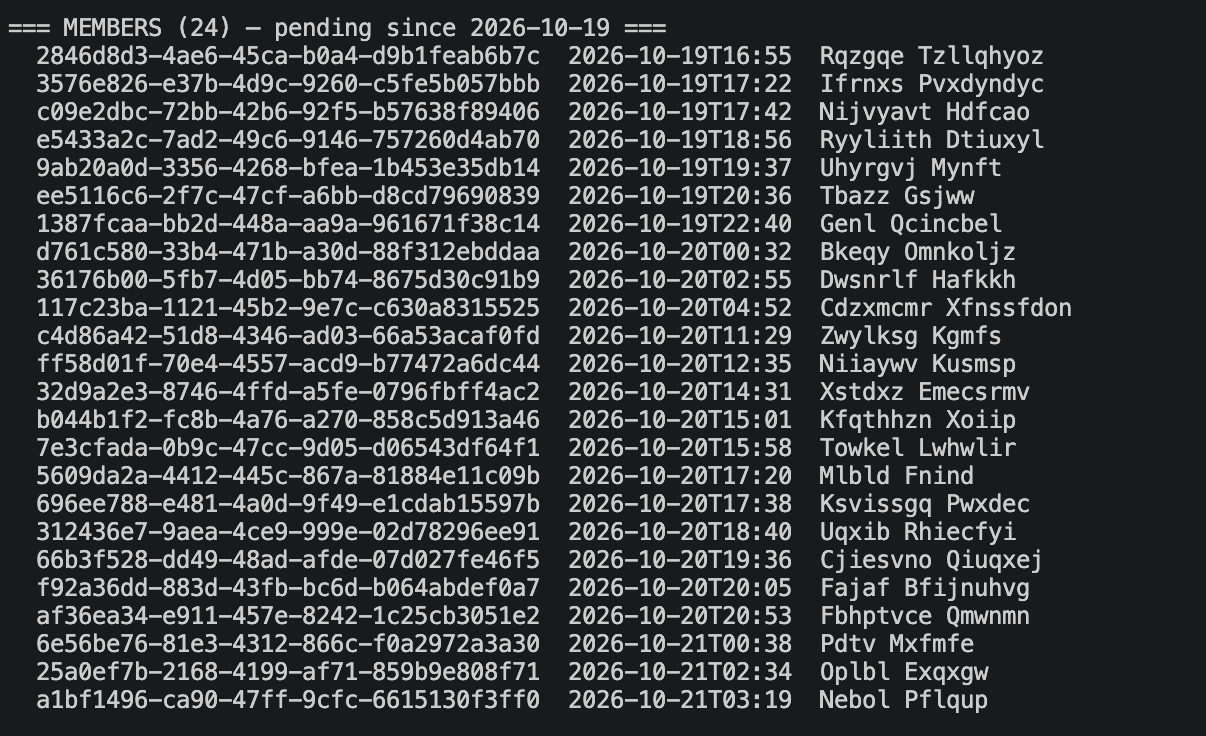 Twenty-four pending member signups with random-letter names, created between October 19 and 21
