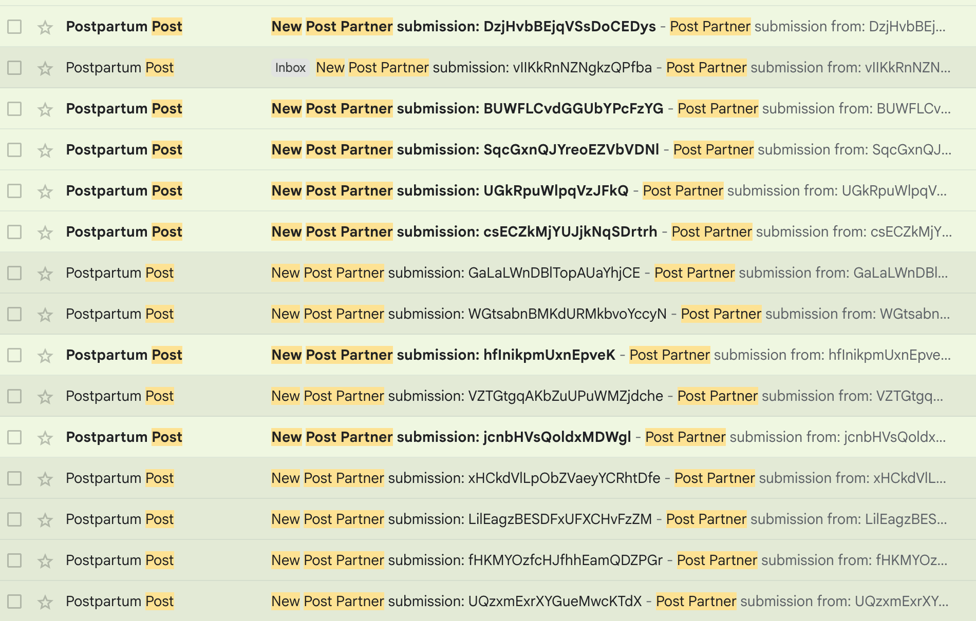An inbox full of Post Partner submission emails with random-letter names