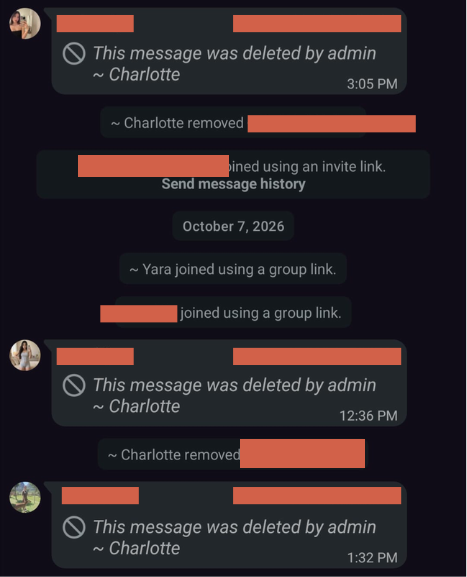 A WhatsApp group admin log showing spam messages deleted and accounts removed, with names and numbers redacted